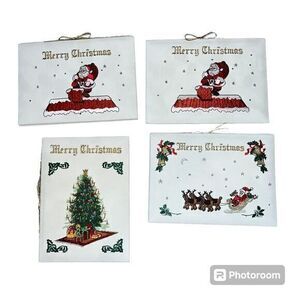 Vintage Fraje Set of 4 Large Embroidered‎ Christmas Cards Santa Reindeer Tree